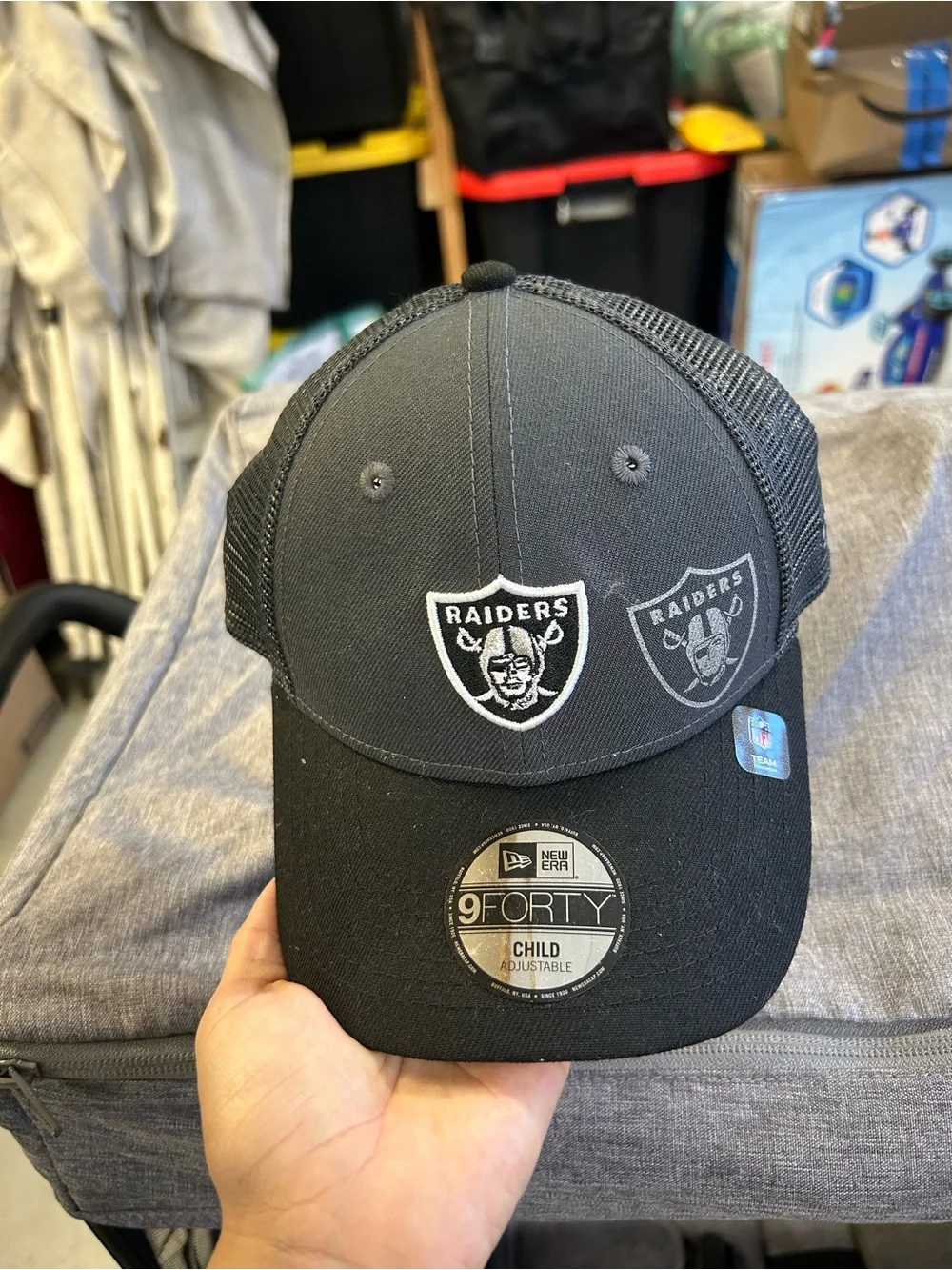 New Era Black and Gray Raiders Youth Adjustable Trucker Cap